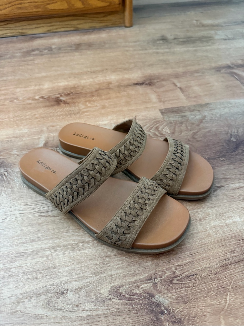 Indigo Braided Double-Strap Slide Sandals in Tan